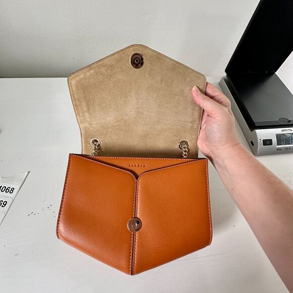 NWOT Sandro Camel Leather Crossbody Bag Lou MM Curcuma Adjustable Strap Purse - Picture 8 of 15